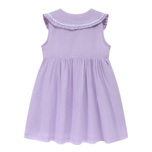 Image of HILEELANG Girls Cotton Dress Sleeveless Peter Pan Collar with Pockets | Soft Cotton, Functional Buttons, Front Pockets, Peter Pan Collar, Ric Rac Trim for Toddler & Little Girls