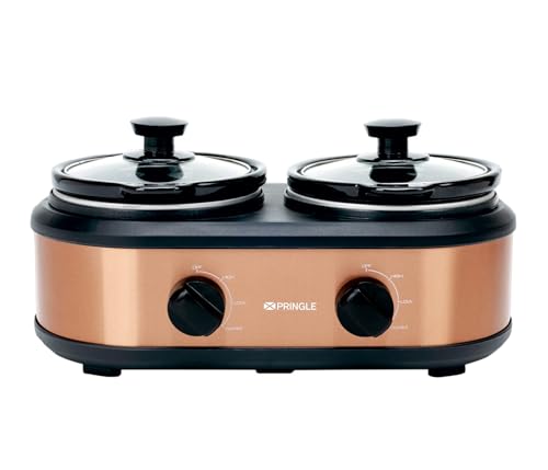 Pringle Electric Slow Cooker 2.5L (1.25L x 2 Pots) | Ceramic Pots with Glass Lids | Slow Cooking & Warming | Multi-Pot Buffet Server | FW1807 | Copper Finish | 1 Yr onsite Warranty