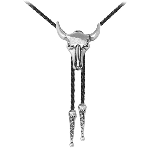 Image of Joxevyia Bolo Tie for Men Vintage Cow Skull Leather Rope Western Cowboy Necktie Vintage Bola Tie Gift for Him