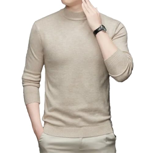 Men's Autumn Winter Half High Collar Solid Long Sleeved Sweater Casual Screw Thread Slim Knit Top Khaki
