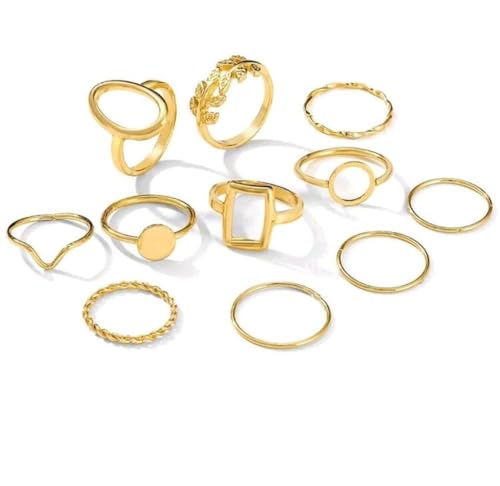 11pcs/Set Geometric Leaf Design Joint Rings Set For Women, C...