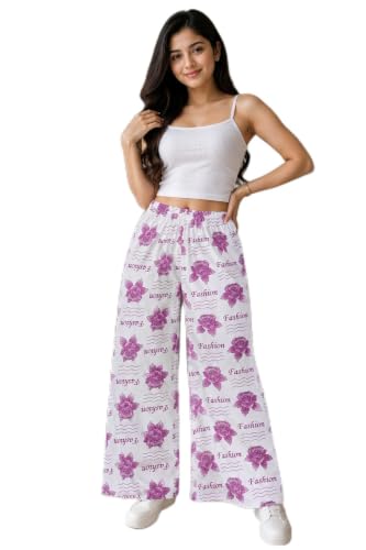 Image of Women Wide Leg Palazzo Pants with Floral Fashion Print White, Pink