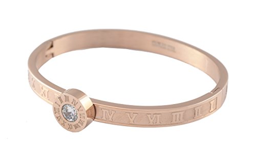 Cubic Zirconia Roman Numeral Stainless Steel Bangle Bracelet Unisex/Women (Rose Gold)