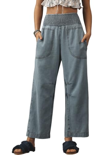 LifeShe Women Wide Leg Baggy Jeans Smocked High Waist Barrel Jean Y2K Boyfriend Denim Pants with Pockets