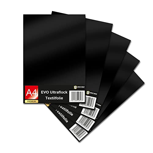 Evo Ultraflock Textilfolie für Plotter 33 Farben Flockfolie im Din A4 Format 30x20cm Plotterfolie für Stoff Kleidung T-Shirt Flock Folie Zubehör (5er Set 000 Schwarz)