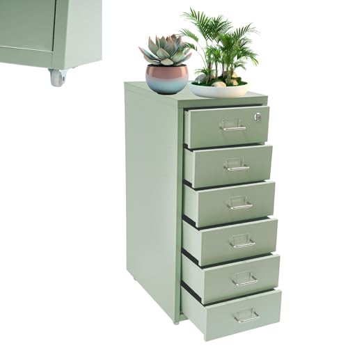 Image of 6 Drawer Vertical File Cabinet, Filing Cabinets for Home Office, Metal File Storage Cabinet with Lock & Wheels, Small Locking File Cabinet with Drawers for Letter /Legal /F4 /A4 (Light Green)