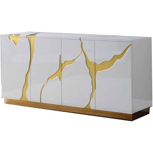Taylor 66" High Gloss Lacquer Sideboard with Gold Accents & Base, Modern Storage Cabinet, 4 Door Panels, Buffet for Dining Room or Living Room Storage, Rectangle Credenza (White)