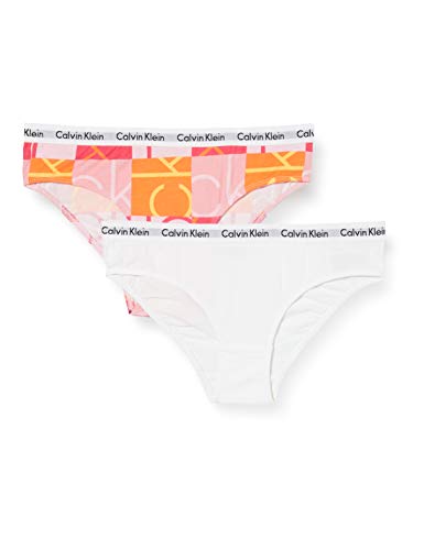 Calvin Klein 2pk Bikini, Rosa (1CKPatternUnique/1White 0J5), 8-9 años (Talla del Fabricante: 8-10) para Niñas