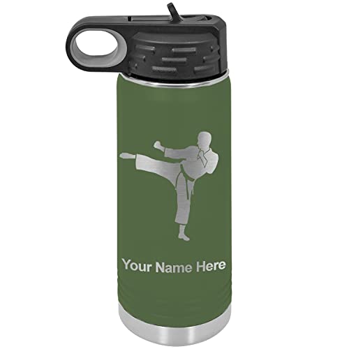 LaserGram 20oz Double Wall Flip Top Water Bottle With Straw, Karate Man, Personalized Engraving Included (Camo Green)
