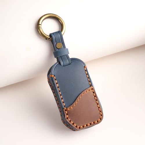Image of keyzone Dual Leather Key Cover fit for Kia Carens Clavis, Seltos, Sonet 2023 Facelift Carens 4 Button smart Key (Blue-Brown)