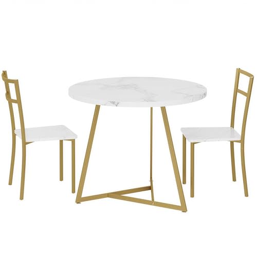 GarveeMore Juego de Mesa Redonda y 2 Sillas para 2 Personas, Tablero de Efecto Mármol Blanco, Marco de Metal Dorado, Estilo Moderno Elegante, para Cocina, Comedor y Pequeños Espacios