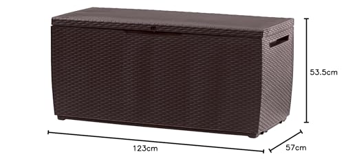 Keter, Capri Outdoor Plastic Storage Box, decorative rattan-style design for ventilation and dryness, seats two adults with lockable option, 123 x 53.5 x 57 cm, 305L, Brown