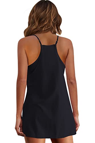 Image of Panadila Womens Summer Sleeveless Mini Dress V Neck Spaghetti Strap Sundress Athletic Short Dress with Pockets