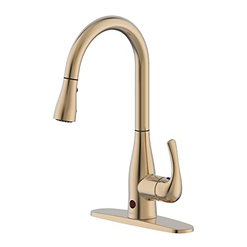 Bio Bidet Flow Touchless Kitchen Faucet with Pull Down Sprayer, Low Single Handle, Gold Champagne
