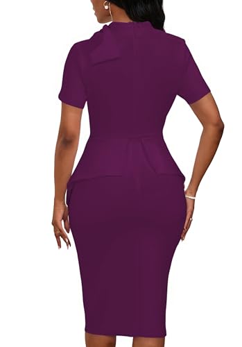 Image of PerZeal Women's Fashion Peplum Bodycon Short Sleeve Work Dresses Bow Club Ruffle Pencil Formal Cocktail Dress