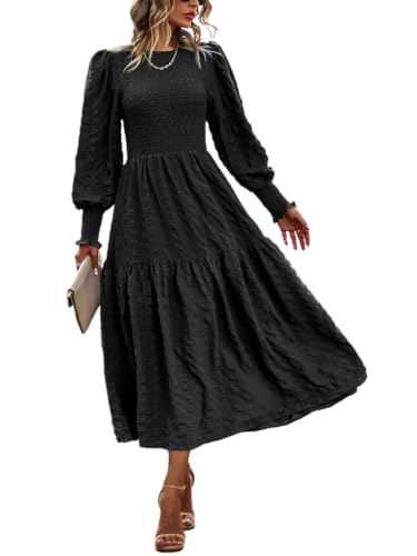 PRETTYGARDEN Women 2026 Spring Puff Long Sleeve Crewneck Smocked Maxi Dress Empire Waist Tiered A-line Swing Flowy Long Dress(Black,X-Large)