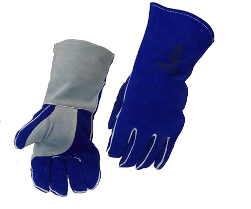 Steel Guard Safety WELDINATOR Welding Gloves 16 inches,923 Deg. Fire Heat Resistant Leather. For MIG, TIG, Stick, BBQ, Torch (Large), Blue / Gray