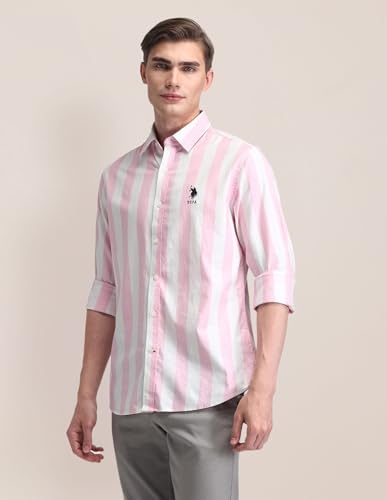Image of U.S. Polo ASSN. Striped Regular Fit Cotton Shirts for Men - 100% Cotton, Full Sleeve Mens Casual Shirts