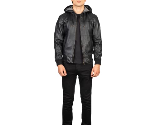 Mens Genuine Black Hooded Bomber Leather Jacket | Real Lambskin Leather Jackets for Men with Hood4