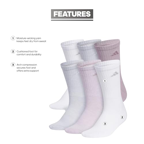 adidas Women's Athletic Cushioned Crew Socks, 6-Pack, Durable, Moisture-Wicking, Cushioned, Arch Support Socks for Women