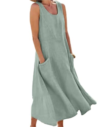 Soulolo Leinenkleid Damen Ärmellos Baumwoll Leinen Sommerkleid Lose Maxikleid Einfarbig Freizeitkleid A Linien Kleid Casual Rundhals Strandkleid Boho...