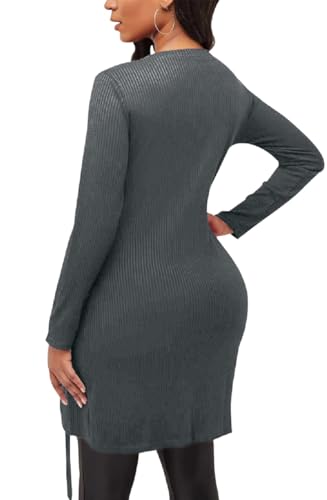 Image of Women's Ribbed Zip Front Long Sleeve Top Side Split Tunic Blouse with Belt | Features a chic O-ring half zip front, side button trim and an adjustable D-ring belt.