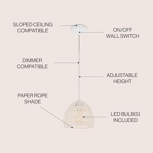 Image of JONATHAN Y 8.25 inch White Modern Bohemian Woven Rope LED Pendant Light Fixture, Adjustable Dome Ceiling Lamp for Kitchen Island, Rope Shade, Coastal Farmhouse Decor (JYL6512A)