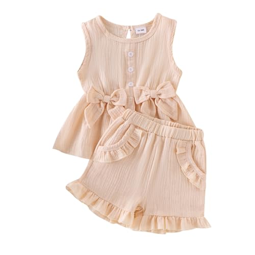Image of Toddler Girl Clothes Sleeveless Top Shorts 2Pc Summer Outfit 12M-5T | 100% Cotton, Soft breathable, Double crepe fabric, Adorable bow ruffle pocket design, Perfect for daily wear, birthday, party