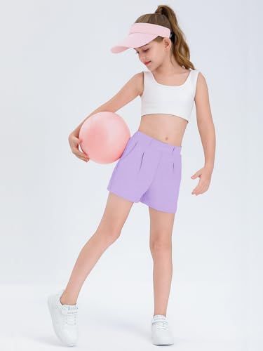 Haloumoning Short infantil casual de cintura alta uniforme escolar com bolsos 5-14 anos, Roxa, 10-12