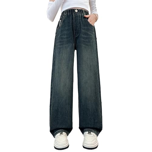 Jeans for Girls Baggy Wide Leg Denim Pants Kids Cute Elastic Waist Buttons Trousers Trendy Y2k Streetwear with Pockets