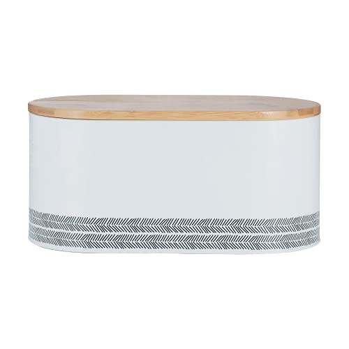 Typhoon Monochrome Bread Bin | Hardwearing Carbon Steel with Bamboo Lid | Keeps Bread Fresher For Longer | White and Black, 340mm x 180mm x 150mm