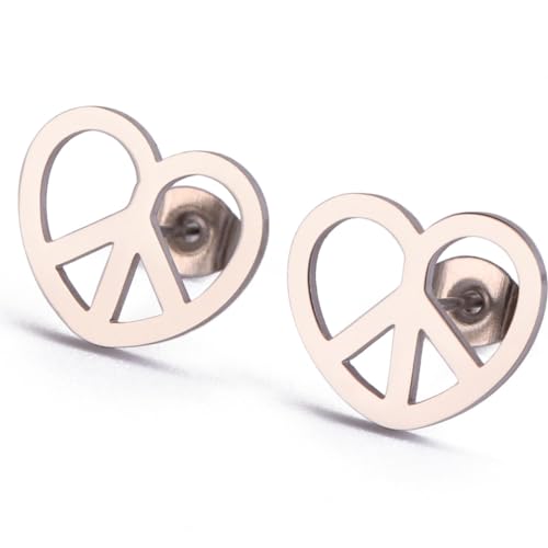Stainless Steel Heart Shaped World Peace Sign Stud Earrings