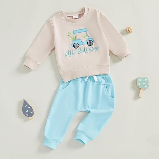 Toddler Baby Boy Girl Fall Winter Clothes 2Pc Long Sleeve Golf Cart Embroidery Sweatshirt Tops and Sweat Pants Set2