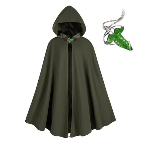 Hewlaud Medieval Costume Cloak with hood men Adult Renaissance Hooded Cloak with Green Leaf Brooch Necklace (Green)