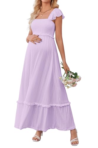 OUGES Damen Sommer Stillkleid Quadratischer Hals Ärmellos Maxi Umstandskleid für Babyparty Fotografie Kleider für Schwangere(Rosa,L)