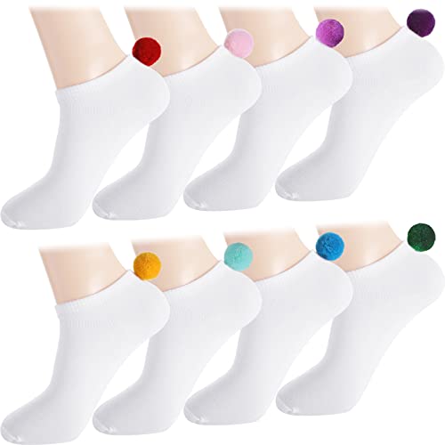 Vicenpal 8 Pairs Women Pom Pom Socks Ankle with Balls on the Back Cosplay Seamless Socks(1 Inch Cute Colors)