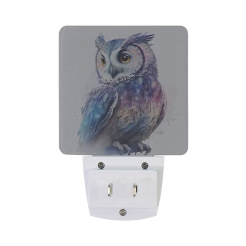 Image of Owl Watercolor Night Lights 2 Pack Plug-in Wall Led Nightlight Auto Dusk-to-Dawn Sensor Lamps for Bedroom Kitchen Bathroom