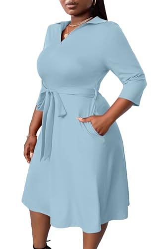 Image of FANDEE Plus Size Midi Dress for Women - Printing Summer Dresses for Wedding Guest Cocktail Party 3 /4 Sleeve V Neck(L-5XL)