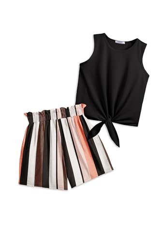 Arshiner Girl's 2 Piece Outfits Summer Tie Knot Tank Top and Paperbag Waist Pocketed Short Sets