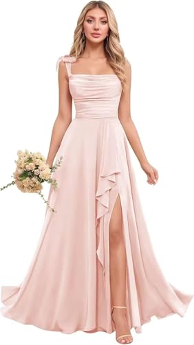 Chiffon Bridesmaid Dresses with Ruffles Spaghetti Straps Formal Evening Gown High Split Bow Tied Wedding Guest Dress
