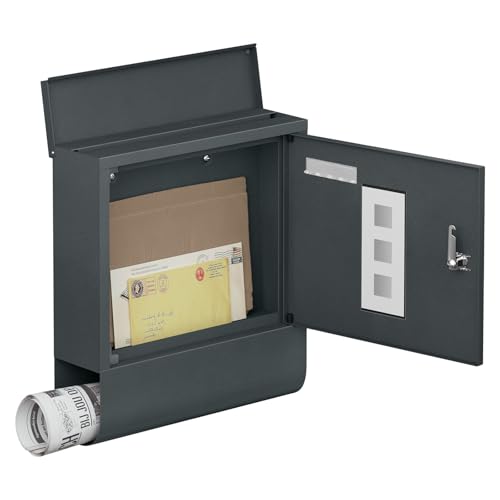 WOLTU Briefkasten Postkasten mit Zeitungsfach Sichtfenstern Namensschild, Wandbriefkasten abschließbar, mit 2 Schlüsseln, modern, Anthrazit, 30,5x33,5x9 cm