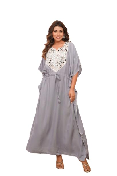 modi factory Elegant Mirror Work Kaftan for Women with Designer Neck & Adjustable Waist | (Grey) Ethnic Wear.-picture-11
