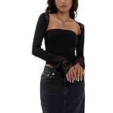Women Lace Long Sleeve Shirt Top Y2K Slim Fit Crop Top Sexy Lace Low Cut Top Tee Club Streetwear(L-Sexy Slim Fit Black Tee Shirt,M)