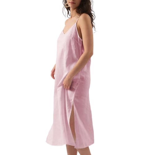 Image of Amazhiyu Women's Pure Linen Summer Midi Split Slip Dress | V Neck, Spaghetti Strap, with Pockets