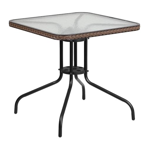 Flash Furniture Barker 28'' Square Tempered Glass Metal Table with Dark Brown Rattan Edging