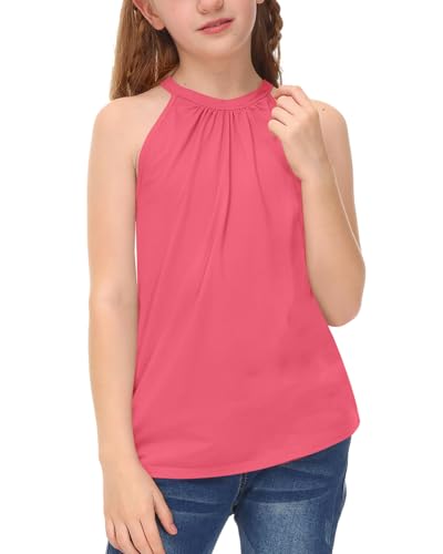 Image of BesserBay Girls Summer Back Button Halter Neck Tank Top Cold Shoulder Casual Blouse Pleated Sleeveless Shirts 5-14 Years