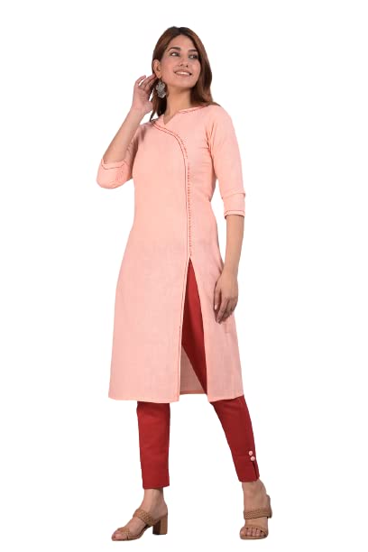 PIOUS LIBASWomen's Pure Cotton Solid Peach Colour 3/4 Sleeves Single Straight Kurti (76P176KR)