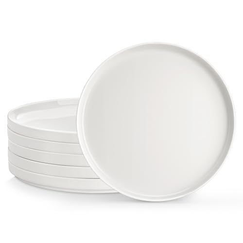 MALACASA 6-Piece Porcelain Dinner Plates Set, Modern White, Premium Chip & Scratch Resistant Dishware, Elegant Raised Edge Serving Plates for Dining, 10.25 Inch(26cm), Series Leah
