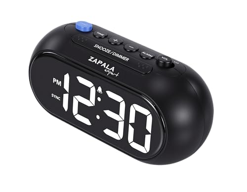 ZAPALA Expert Reloj despertador de sincronización de hora instantánea para dormitorio, alarma fuerte, pantalla LED brillante, reloj digital básico simple, regulador ajustable, repetición de repetición