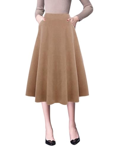 IDEALSANXUN Wool Skirts for Womens High Waist Aline Pleated Midi Skirts(Pure Camel, M)